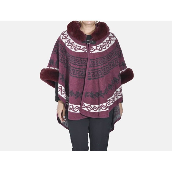 Tamsy Cranberry Half Moon Faux Fur Lined Hooded Poncho with Snap on Button - Picture 1 of 5